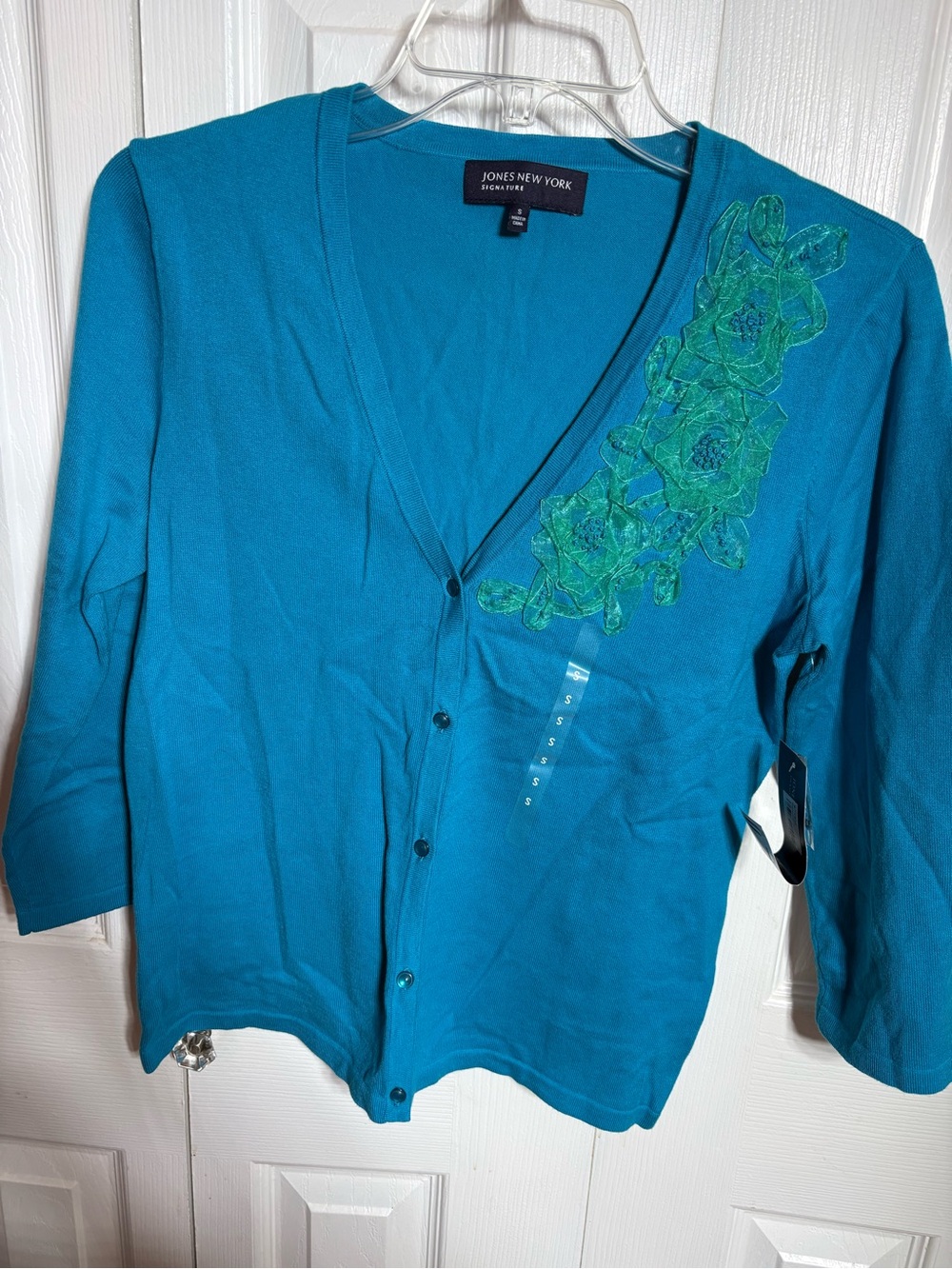 Jones New York Teal Cardigan with Green Floral Applique